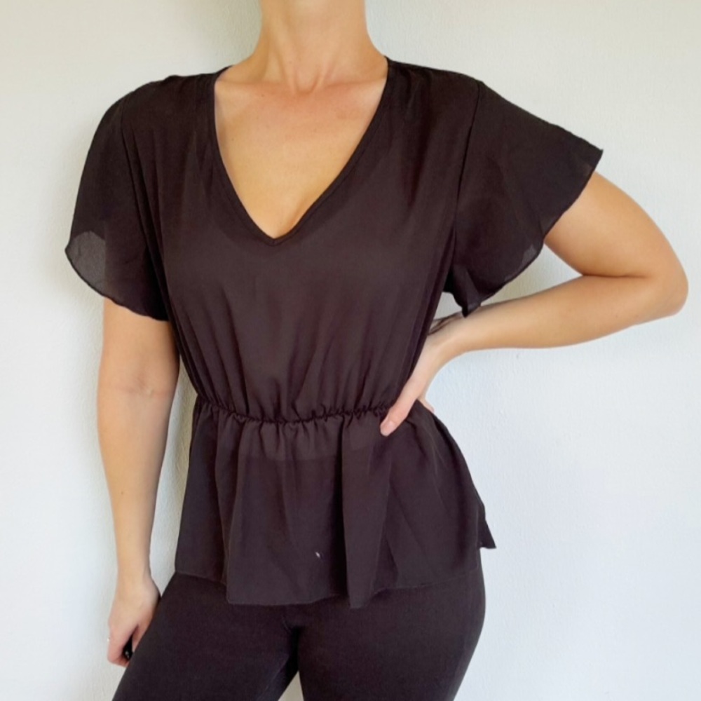 SHEIN black semi-sheer v-neck peplum waist short sleeve blouse size XL